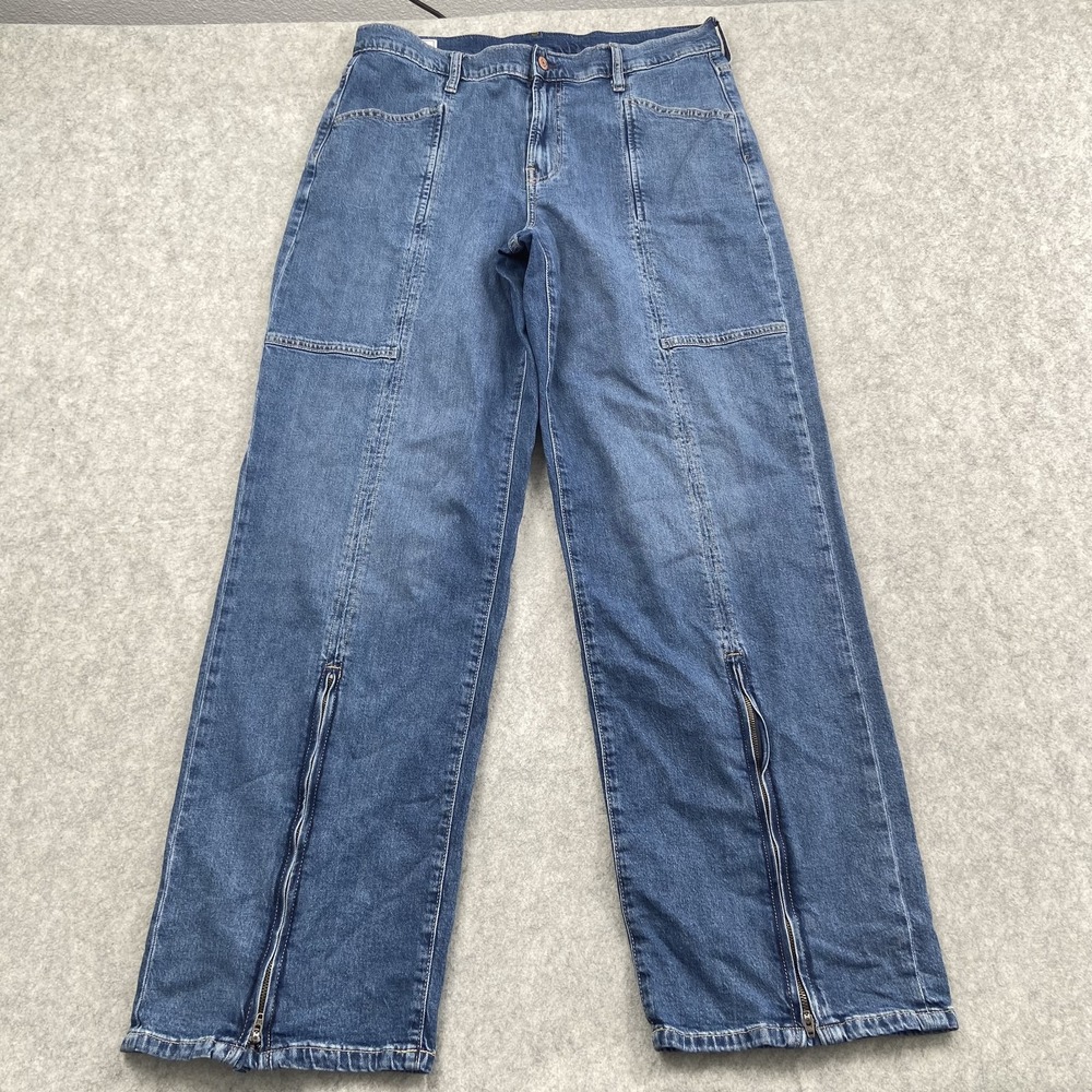Gap '90s Loose Cargo Mid Rise Straight Jeans Womens 14 Tall (35x32) Blue Zip Hem